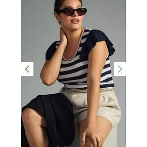 Anthtoopologie T.La  Navy Striped Ribbed Flutter Sleeve Top 1X NWT